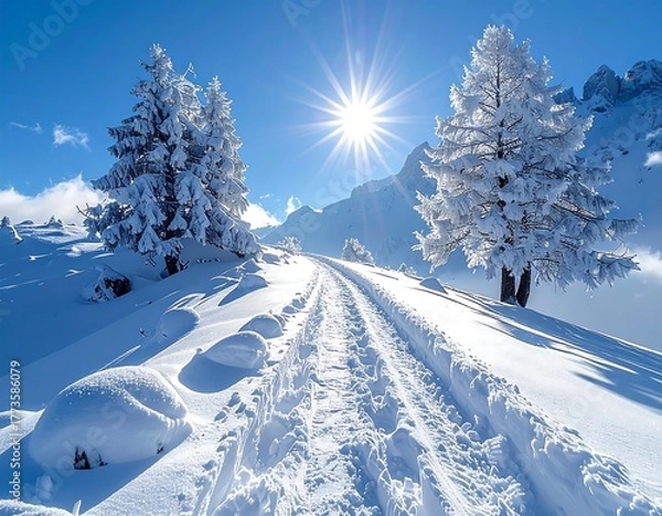 Fototapeta Sunny mountain scene with snow-covered trees and a winding path