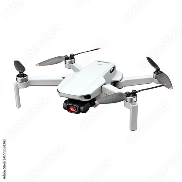 Fototapeta Compact white quadcopter drone with camera and red lens accent