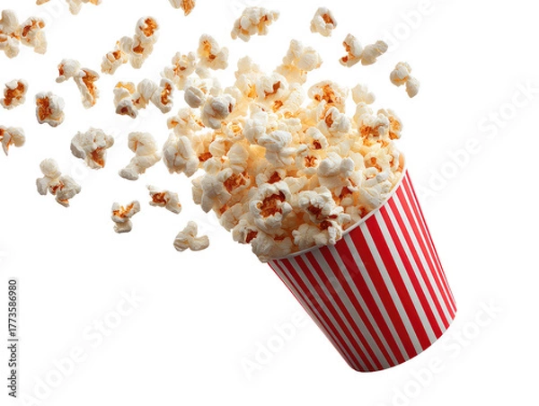 Fototapeta Overflowing red and white striped tub of popcorn exploding outwards