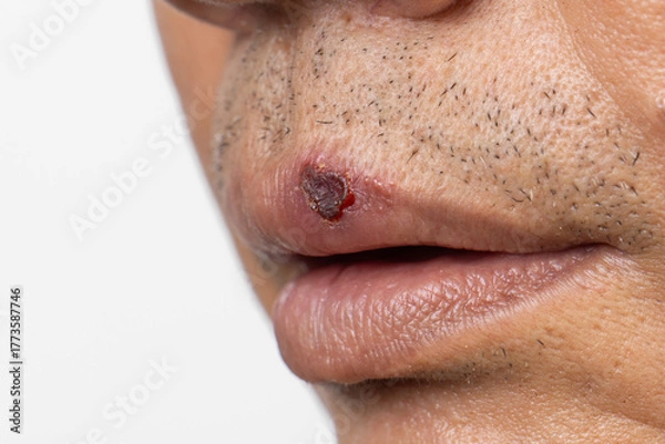 Obraz Cold Sore Blisters on Upper Lip of Asian Senior Man with Oral Herpes.