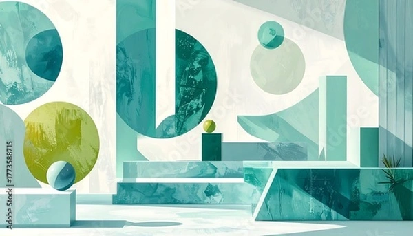 Fototapeta Abstract arrangement with circular & rectangular objects, green-blue shades, marble-like texture, and light background