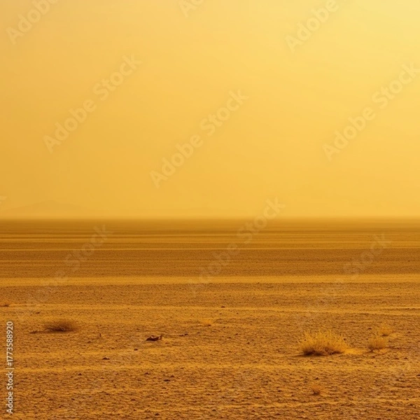 Fototapeta A vast, sun-baked, arid landscape stretches endlessly under a hazy, golden sky, conveying a sense of extreme warmth and desolation ,natural ,sunlight ,desolate