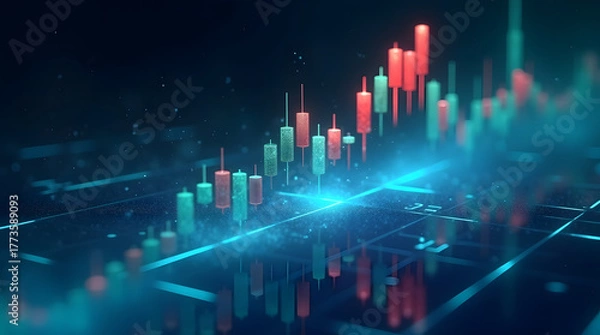 Obraz Futuristic 3D glowing candlestick chart rendered with cinematic lighting, reflections, and holographic depth, symbolizing digital finance and market motion. AI Generated.