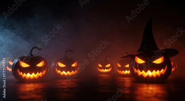 Fototapeta A very dark and mysterious Halloween scene, featuring glowing jack-o-lanterns and eerie smoke, creating a truly wicked atmosphere ,bat ,scary ,spooky season