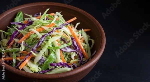 Fototapeta A vibrant and fresh cabbage salad, artfully arranged in a rustic bowl. Shredded green and purple cabbage, with colorful carrots and creamy dressing ,culinary ,carrot ,light