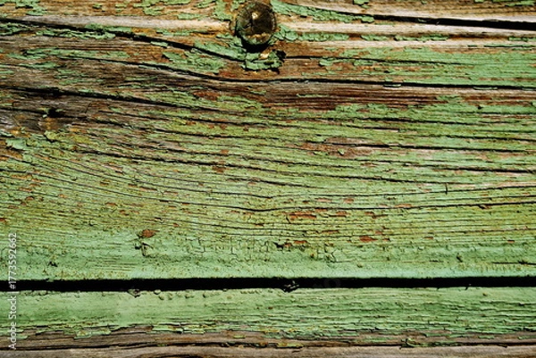 Fototapeta Détail de vieilles planches peintes en vert. Façade de maison en bois.