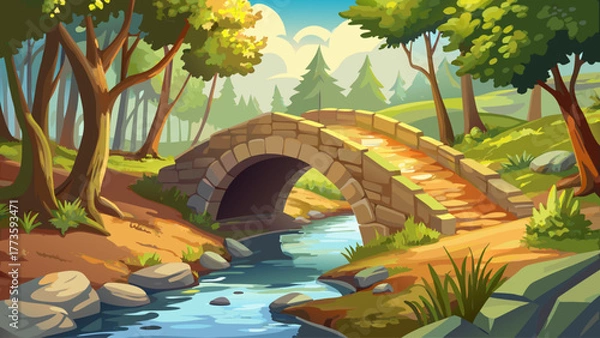 Obraz vector of an ancient stone bridge across small stream, trees around, sunlight reflections, nostalgic countryside calm
