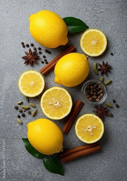 Fototapeta A vibrant arrangement of fresh lemons, aromatic spices, and natural elements, evoking a cozy and zesty sensory experience ,autumn ,zest ,lemon