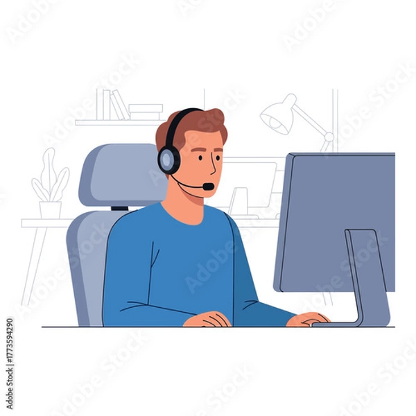 Fototapeta Man wearing headset working on computer flat vector illustration of customer service representative isolated on white background