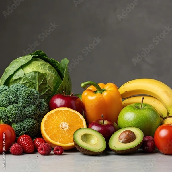 Fototapeta A vibrant assortment of fresh, ripe fruits and vegetables artfully arranged on a simple surface, showcasing healthy and natural ingredients for a balanced diet ,food ,vibrant ,vegan