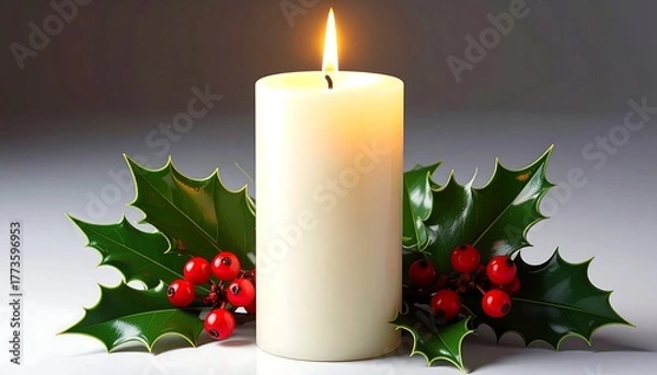 Fototapeta Lit ivory candle with holly berries on a white surface and grey background