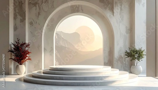 Fototapeta Minimalist backdrop showcases a tiered platform, archway framing distant mountains in soft, diffused sunlight