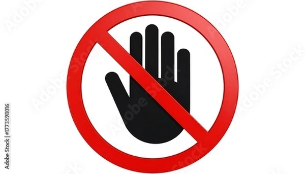 Fototapeta Red prohibition sign with black hand silhouette inside circle and diagonal line, symbolizing do not touch or stop