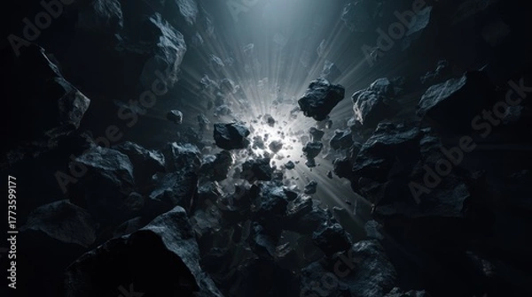 Obraz Abstract composition of floating rocks with light rays and transparent background