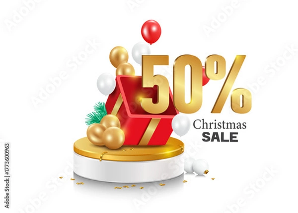Fototapeta Number 50% gold comes out of red gift box placed on circular podium with multi-colored balloons floating around it for Christmas or New Year advertising promotion design, vector 3d on white background