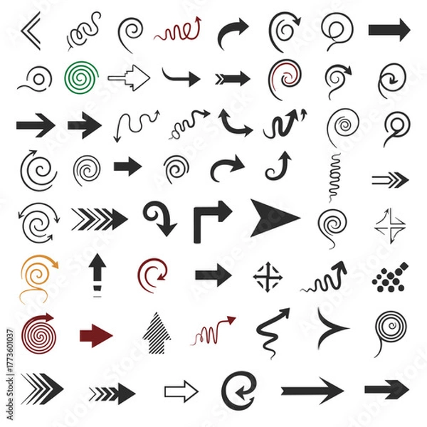 Fototapeta A comprehensive collection of diverse vector arrow icons featuring various styles, shapes, and directions, ideal for UI, infographics, and design projects.