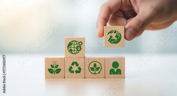Fototapeta Building a responsible business model with blocks illustrating global, process, recycle, and people icons