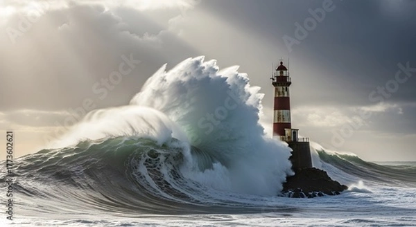 Obraz Ocean wave crashing against a red striped lighthouse with stormy sky and ocean in a photography style