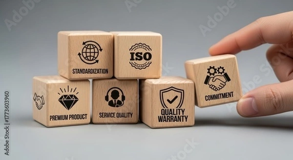 Fototapeta Business Leader Endorsing Premium Service Commitment, Quality Cubes Banner, Grey Background Perfect for Corporate Websites and Presentations.