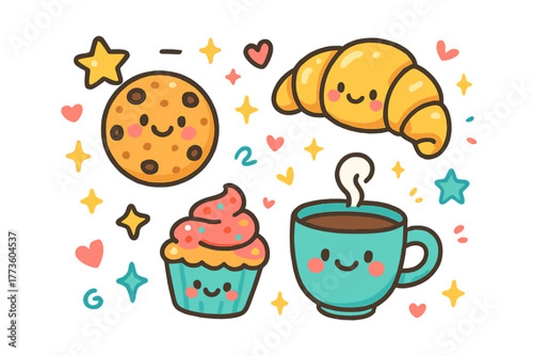 Fototapeta Cute bakery flat icons set. featuring cookie, croissant, cupcake, and coffee symbols