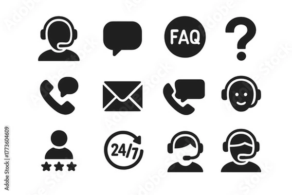 Fototapeta Customer support silhouette icon set. featuring headset, chat, faq, help, phone, email, 24/7 symbols