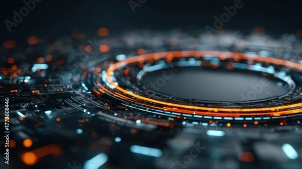 Obraz Abstract digital interface with glowing rings and neon elements