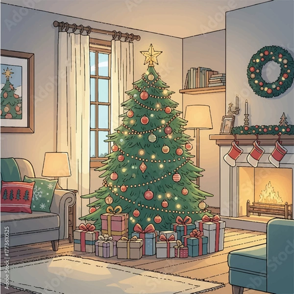 Fototapeta christmas tree in cozy room