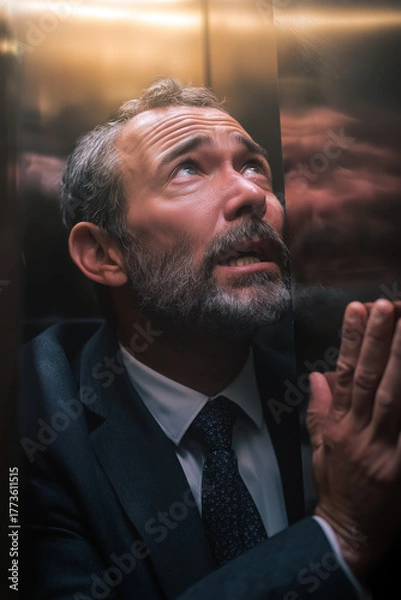 Fototapeta Middle-aged man in elevator having panic attack, pressing emergency button, claustrophobic atmosphere