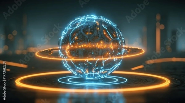 Obraz Abstract digital sphere with illuminated lines and rings on transparent background