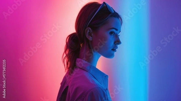 Obraz Woman Looking at Phone in Neon Light Photo. Fictional Character Created By Generative AI