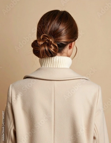 Fototapeta うなじと肩に宿る冬の静けさ クリームタートルと淡ベージュコートの後ろ姿

