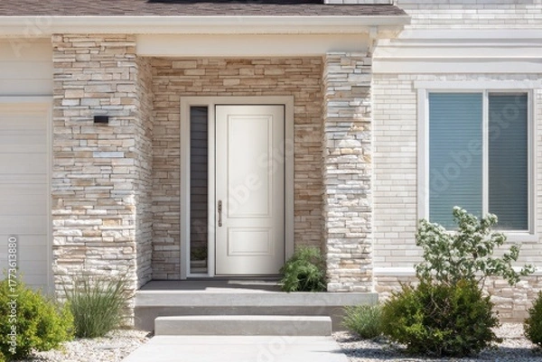 Obraz Modern entryway features stone accents and white front door.