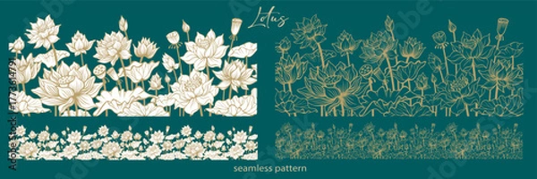 Fototapeta Seamless border patterns with lotus flowers, outline drawing