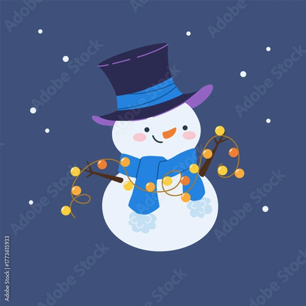 Obraz Snowman wearing a top hat and garland. Traditional winter holiday character. Characters for celebrating Christmas and New Year. Vector illustration