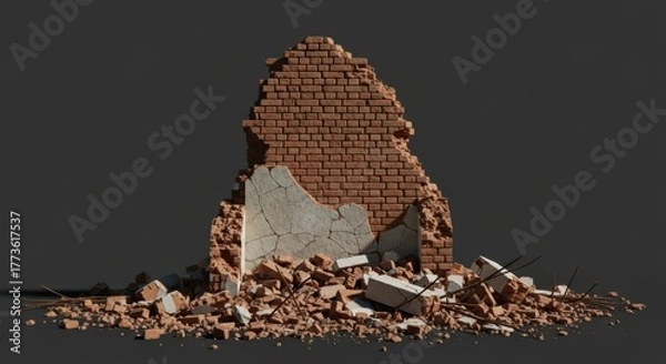 Obraz A detailed 3D illustration of a demolished building, with a standing remnant of a red brick wall, crumbling plaster, and a large heap of rubble with rebar.
