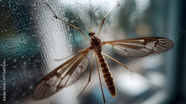 Fototapeta A detailed ro photograph of a crane fly resting on a wet window screen with condensation