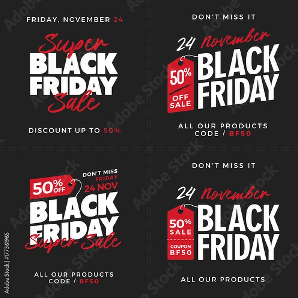 Fototapeta Set of 50% OFF Black Friday Super Sale Promotion with Price Tag Element Inscription Design Template Banner, Badge, Sticker, Cover, Poster, Flyer