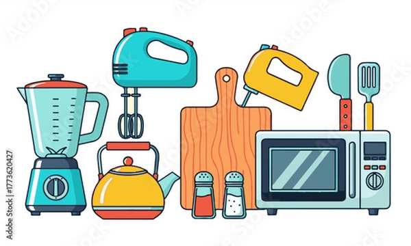 Fototapeta Colorful Kitchen Appliances and Cooking Utensils Flat Line Art Vector