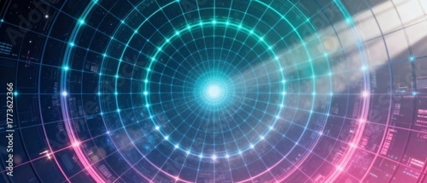 Fototapeta Futuristic digital tunnel portal with glowing neon grid and distant city lights