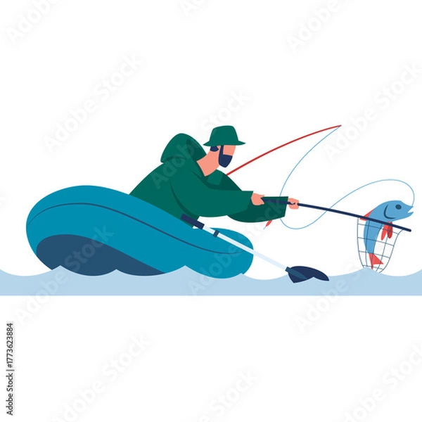 Obraz Man in green jacket and hat fishing from blue inflatable boat on wavy water catching a jumping fish with red fishing rod on white background
