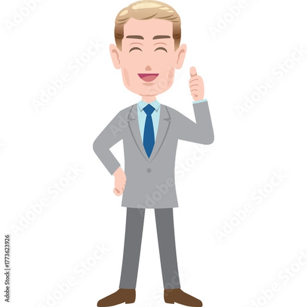 Obraz Man In Grey Suit And Blue Tie With Blonde Hair Pointing Upwards With Index Finger And Thumb Up Sign With Happy Expression On White Background
