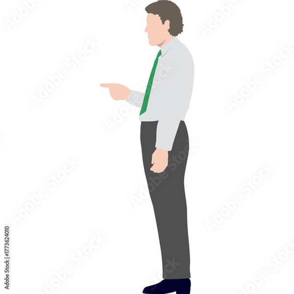 Obraz Man in Light Blue Shirt and Green Tie Pointing to the Left Side Standing Against a White Background