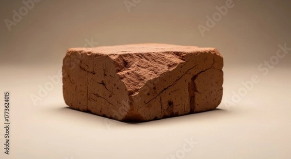 Obraz A single, weathered red brick with a coarse, cracked texture and chipped edges, isolated in a professional studio setting on a neutral background.