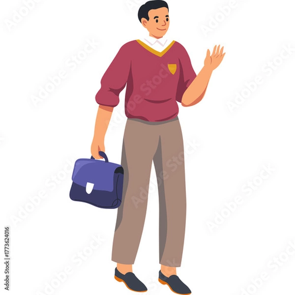 Obraz Man in Maroon Sweater and Brown Trousers Holding a Blue Briefcase Waving Hello on a Transparent Background Realistic Illustration