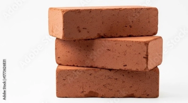 Fototapeta A close-up of three new red bricks stacked neatly on top of each other, isolated on a pure white background. A basic building and construction concept.