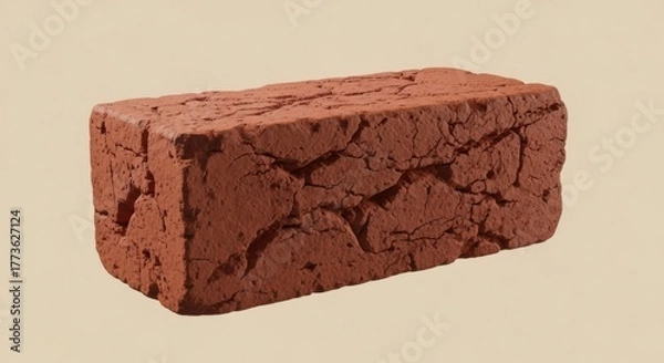 Obraz A single, heavily cracked and weathered old red brick. A 3D render of a rustic construction material isolated on a neutral studio background.