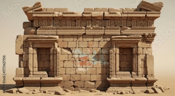 Obraz The ruined facade of an ancient stone temple with ornate windows. A 3D illustration of historical architecture, archeology, and forgotten civilizations.