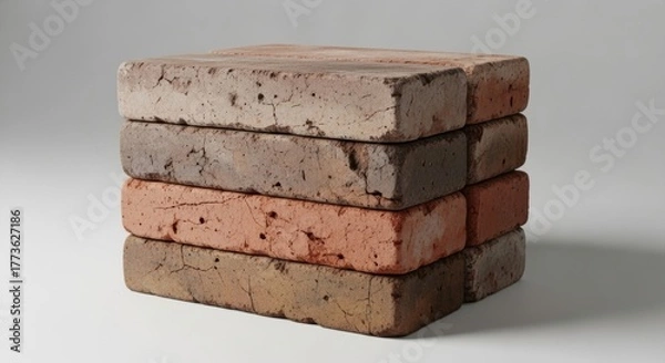 Fototapeta A small, neat stack of reclaimed, multi-colored bricks with rustic textures, isolated on a light grey studio background. A construction material concept.