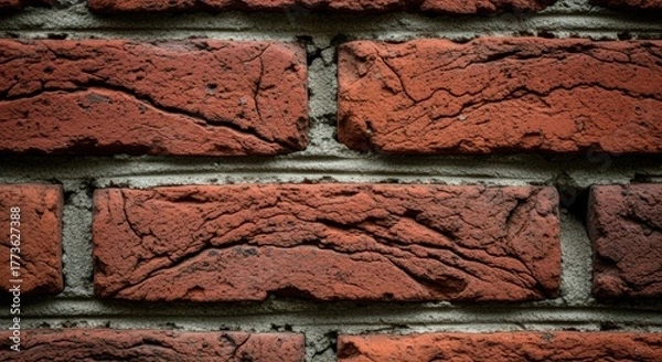 Obraz An extreme close-up of weathered red bricks with deep cracks and texture. A macro view of a rustic wall, showing the detail of age and coarse material.
