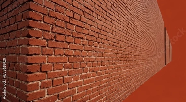Fototapeta A dramatic, wide-angle perspective of a red brick wall corner receding into an abstract, solid red background, creating a surreal and graphic architectural image.